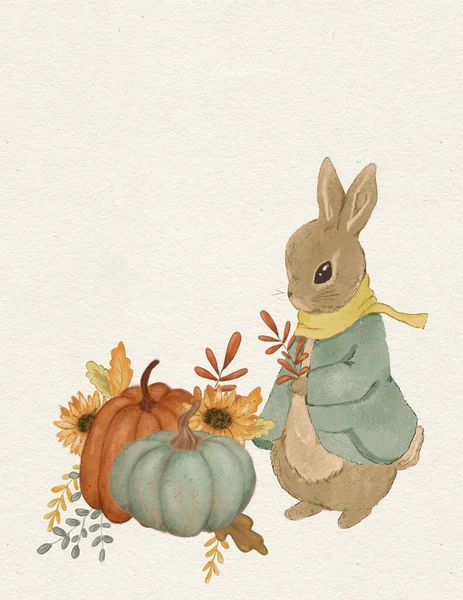 Rabbit illustration, greeting card with rabbit, autumn card, thanksgiving day, invitation