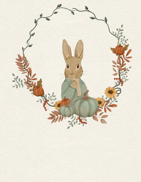 Rabbit Illustration Greeting Card Rabbit Autumn Card Thanksgiving Day Invitation — Foto Stock