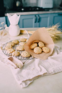 homemade cookies on the kitchen table with natural products, a healthy snack