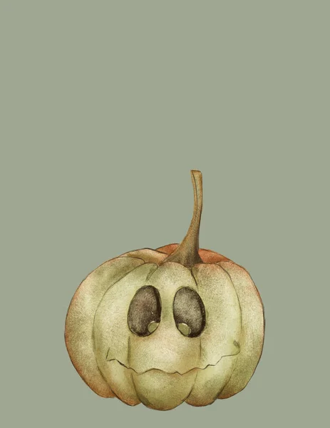 drawing of an olive pumpkin with a scary halloween smile