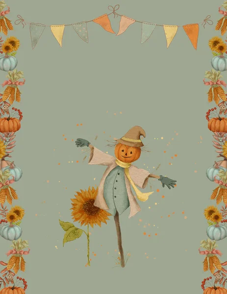 Cute Drawing Autumn Scarecrow Bird Pumpkin Halloween Thanksgiving Day — Stock Photo, Image