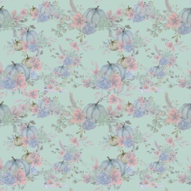 Sonbahar temalı pastel renkte suluboya deseni, balkabağı, çiçekçi, sulu, düğün ya da diğer kutlamalara davetiye için.