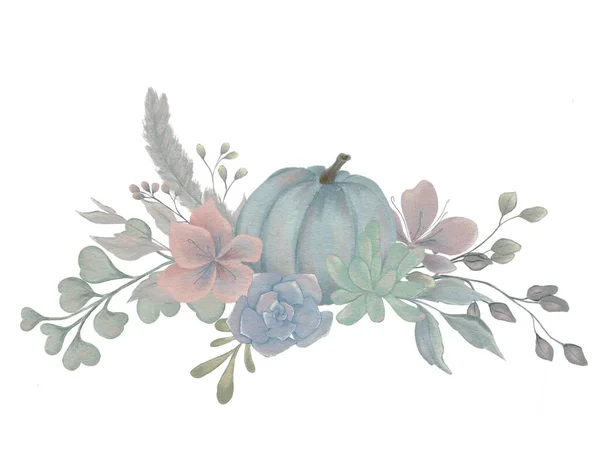 Watercolor drawing in pastel colors on an autumn theme, pumpkin, floristry, succulent, for an invitation to a wedding or other celebration