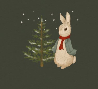Klasik Noel renklerinde bir tavşanın Noel resmi.