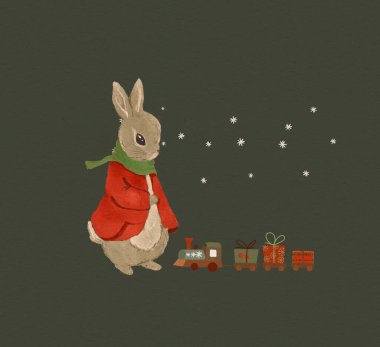 Klasik Noel renklerinde bir tavşanın Noel resmi.