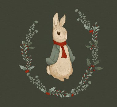 Klasik Noel renklerinde bir tavşanın Noel resmi.