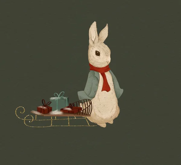 Christmas Illustration Rabbit Classic Christmas Colors Greeting Christmas Card — Stock Photo, Image