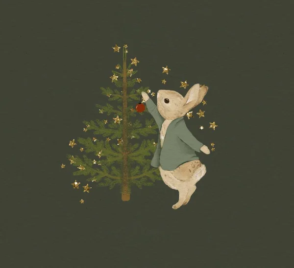 Рождественская Иллюстрация Кролика Классических Рождественских Цветах Поздравительная Открытка — стоковое фото