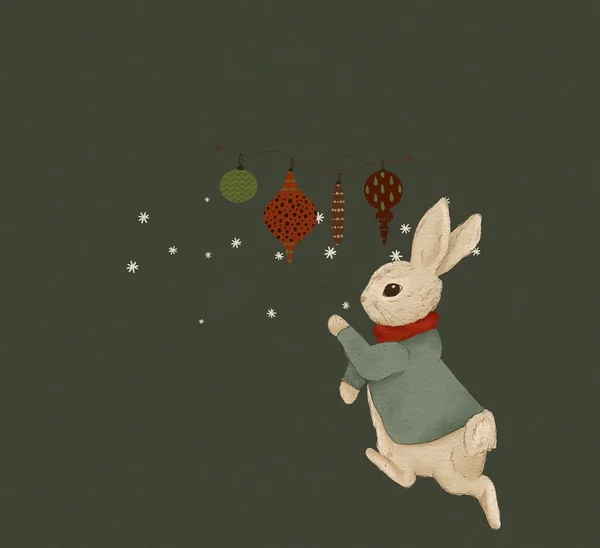 Ilustración Navidad Conejo Colores Clásicos Navidad Felicitación Tarjeta Navidad — Foto de Stock
