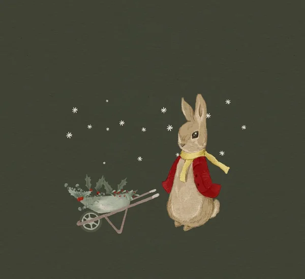 Рождественская Иллюстрация Кролика Классических Рождественских Цветах Поздравительная Открытка — стоковое фото