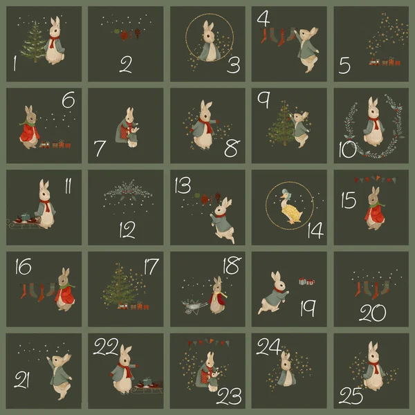 圣诞兔子的经典圣诞彩绘 向圣诞贺卡致意 — 图库照片