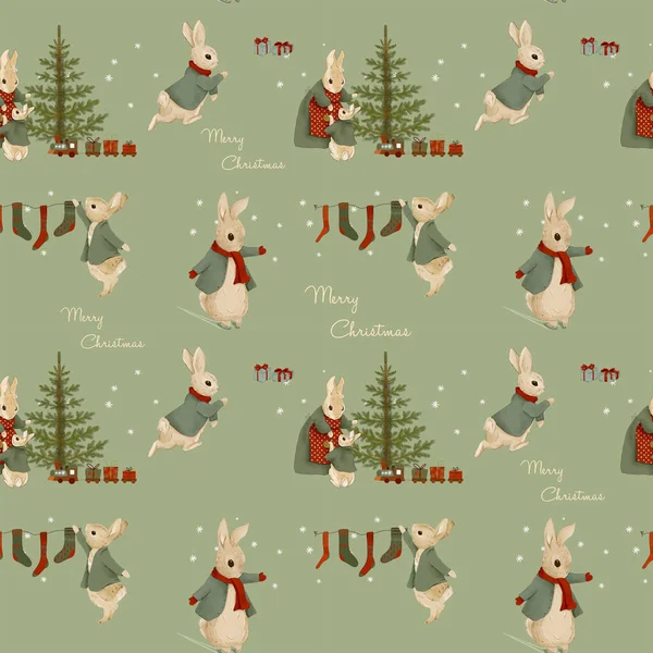Ilustración Navidad Conejo Colores Clásicos Navidad Felicitación Tarjeta Navidad —  Fotos de Stock