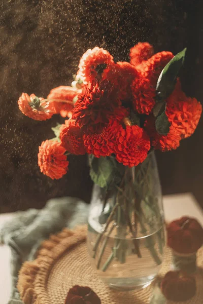 Rode Herfst Bloemen Een Donkere Achtergrond Elegante Bruids Boeket Marsala — Stockfoto