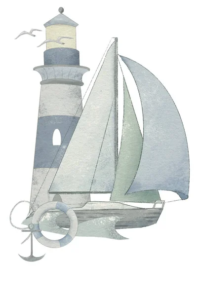 Segelyachtillustration Zeichnung Pastellfarben Vintage Stil — Stockfoto