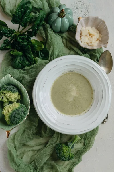 crepe soup with green vegetables, broccoli, cauliflower, garlic, healthy lunch