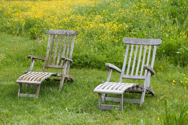 Çimenlerde Ahşap Bahçe Sandalyeleri — Stok fotoğraf