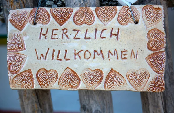 Selfmade Sign Writing Herzlich Willkommen German Language Translates Heartily Welcome — стоковое фото