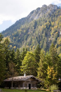 Germny 'deki Bavyera Alpleri' nin oradaki eski ahşap çiftlik evi.