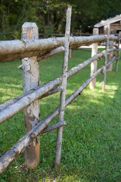 Old Weathered Wooden Fence Made Branches — ストック写真