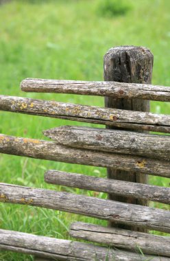 Old weathered wooden fence with a field behind it