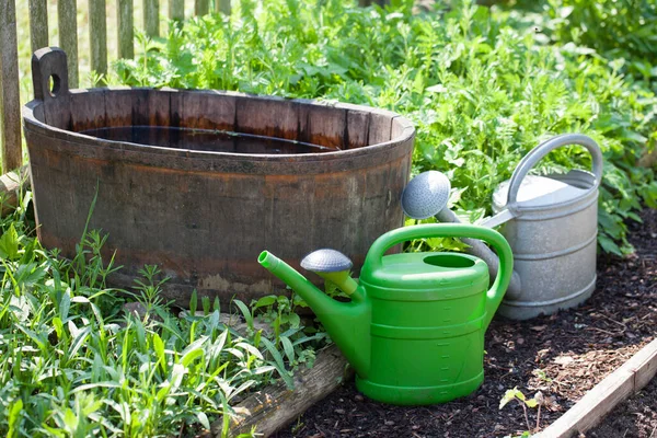Different Watering Cans Water Barrel Garden — Stock Photo, Image