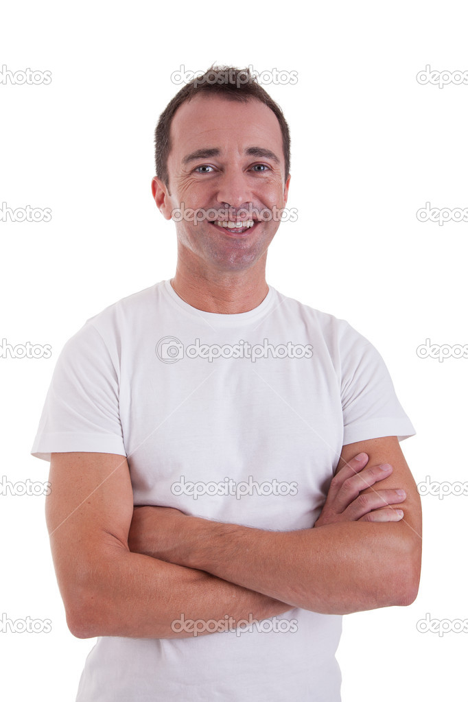 Portrait of a handsome middle-age man smiling, with arms crossed on white background