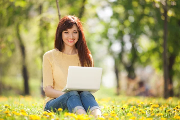 sevimli kadın karahindiba parkta beyaz dizüstü bilgisayar ile