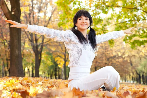 Güzel bir kadın yoga egzersizleri sonbahar Park yapıyor — Stok fotoğraf