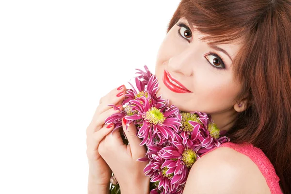 Retrato de una joven hermosa mujer con flores —  Fotos de Stock