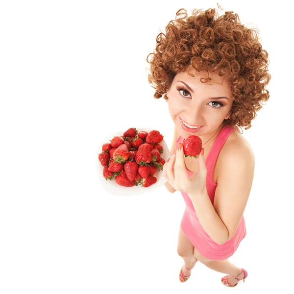 Fun woman with strawberry on the white background — Stock Photo, Image