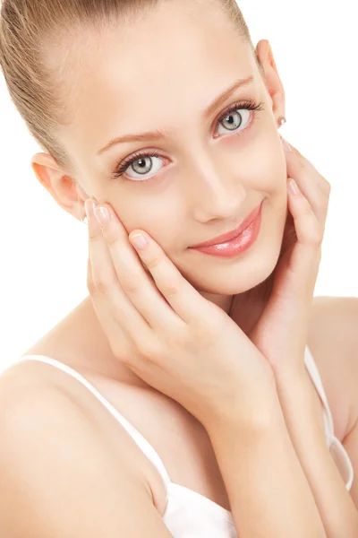 Portrait of young beautiful woman on the white background — Stock Photo, Image