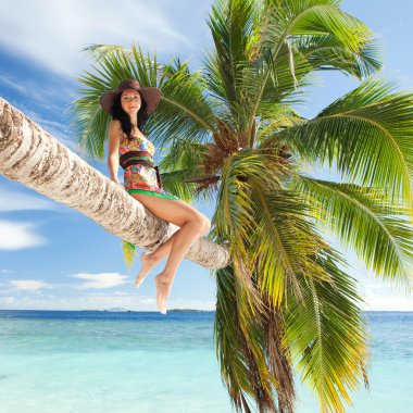 Kumsaldaki palmiye ağacı üzerine siting kadın moda