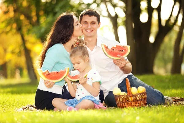 Met een picknick in de groene tuin en gelukkige familie — Stockfoto