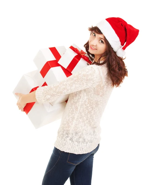 Felice Santa donna con scatole regalo — Foto Stock