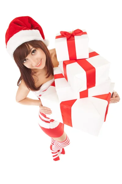 Happy santa woman with gift boxes — Stock Photo, Image