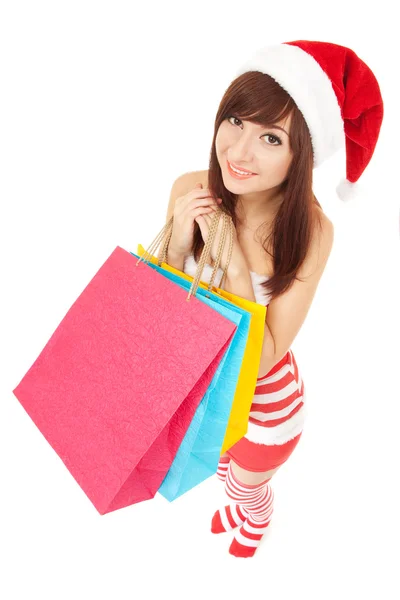 Fun santa woman with packages — Stock Photo, Image