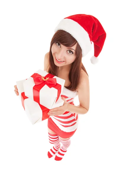 Happy santa woman with gift boxes — Stock Photo, Image