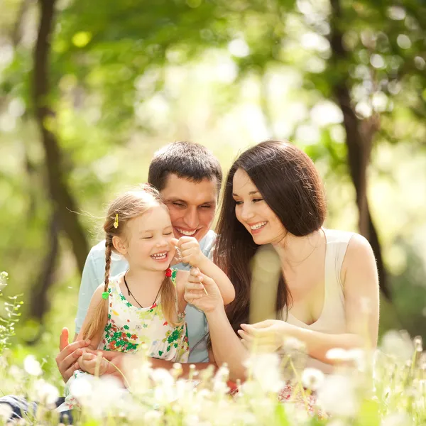 Mãe feliz, pai e filha brincando no parque Imagem De Stock