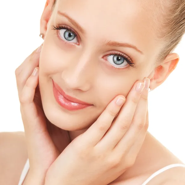 Portrait of young beautiful woman on the white background — Stock Photo, Image