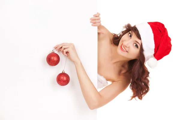 Santa woman decorating a white blank board — Stock Photo, Image