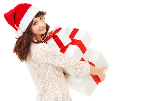 Happy santa woman with gift boxes — Stock Photo, Image