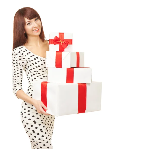 Mulher feliz com caixas de presente — Fotografia de Stock
