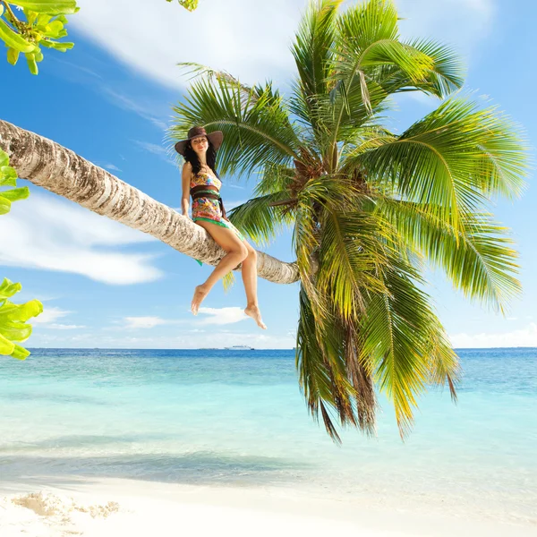 Fashion woman sitting upon palm tree on the beach — стоковое фото