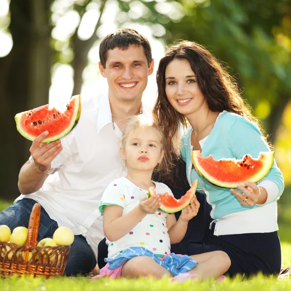 Met een picknick in de groene tuin en gelukkige familie — Stockfoto