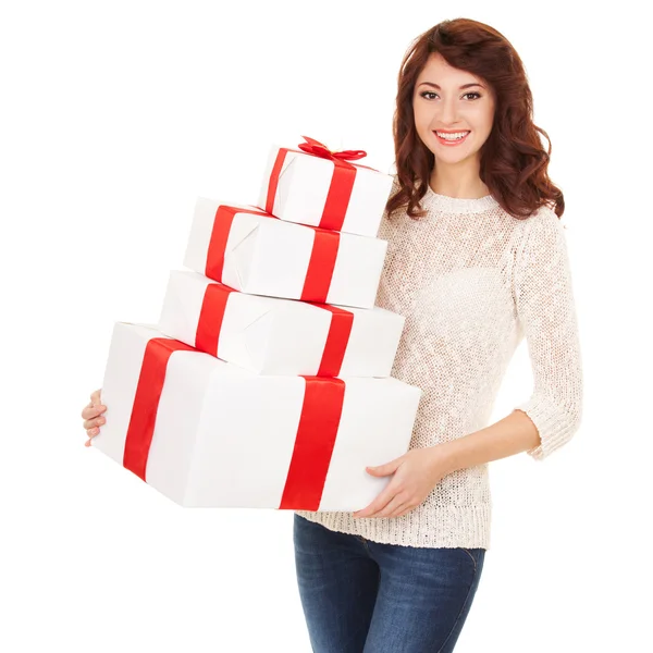 Happy woman with gift boxes — Stock Photo, Image