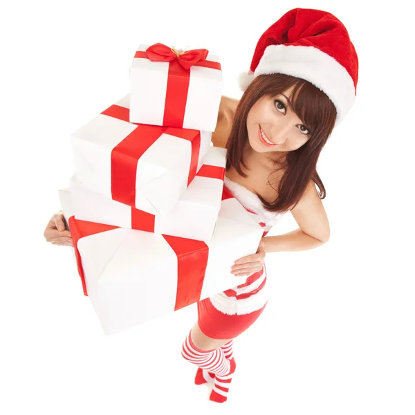 Happy santa woman with gift boxes — Stock Photo, Image