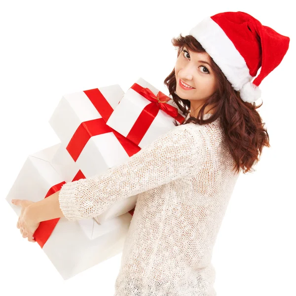Счастливая Санта женщина с подарочными коробками Лицензионные Стоковые Фото