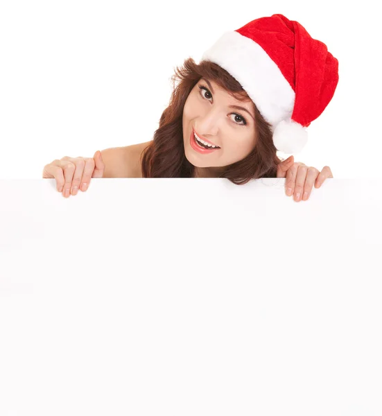 Santa woman with white blank board — Stock Photo, Image