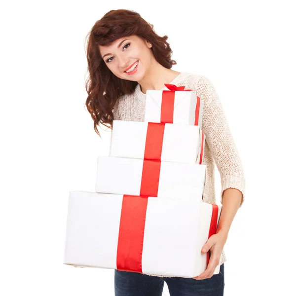 Ευτυχισμένη γυναίκα με κουτιά δώρων — Φωτογραφία Αρχείου