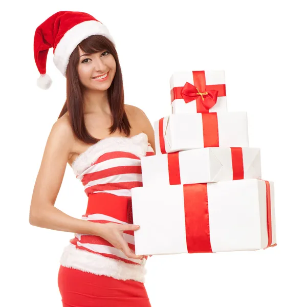 礼品盒圣诞老人的幸福女人 — 图库照片